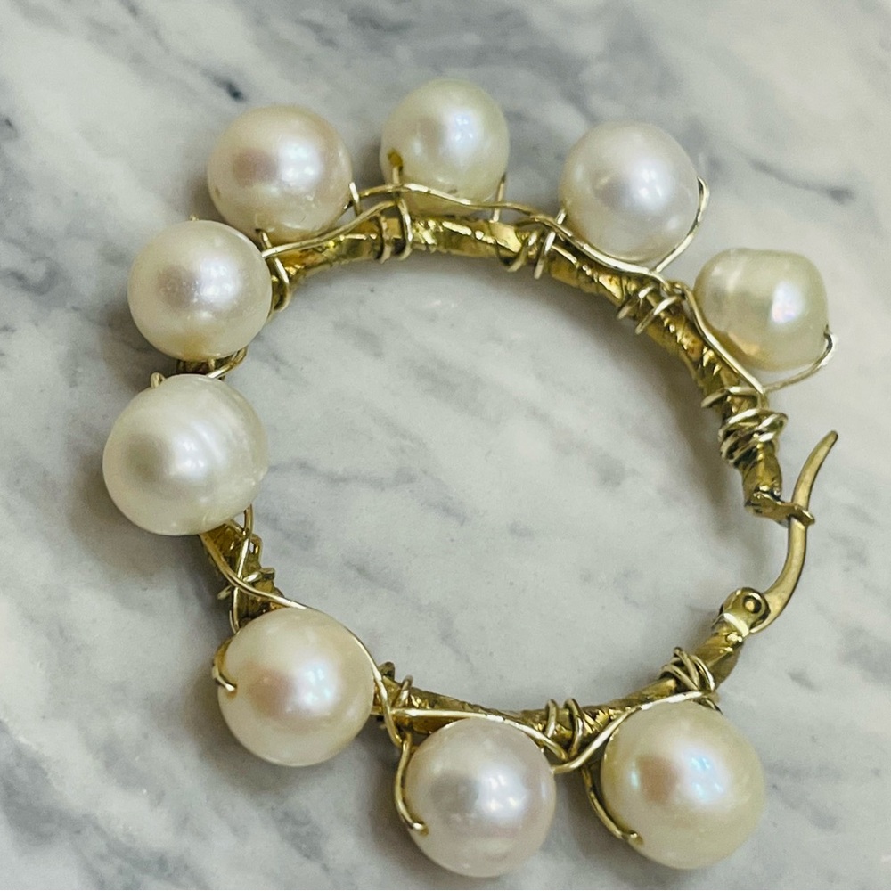 Handmade Pearl Hoop Earrings Gold Tone Artisan Wire Wrapped Statement Jewelry - Picture 3 of 14